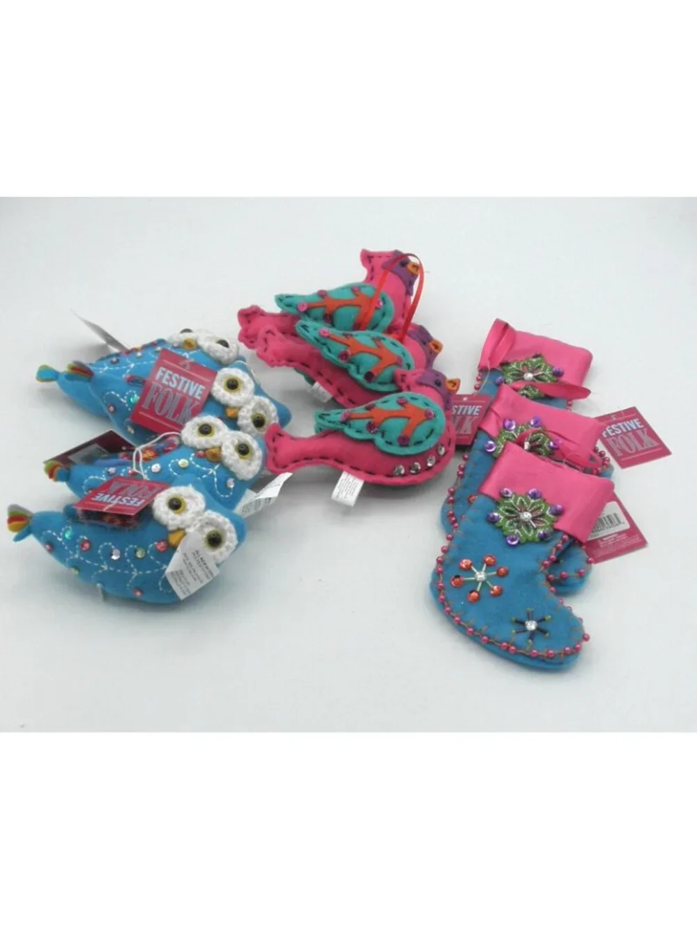 St. Nicholas Square Festive Folk Felt Ornament Lot of 10 Stocking Bird Owl